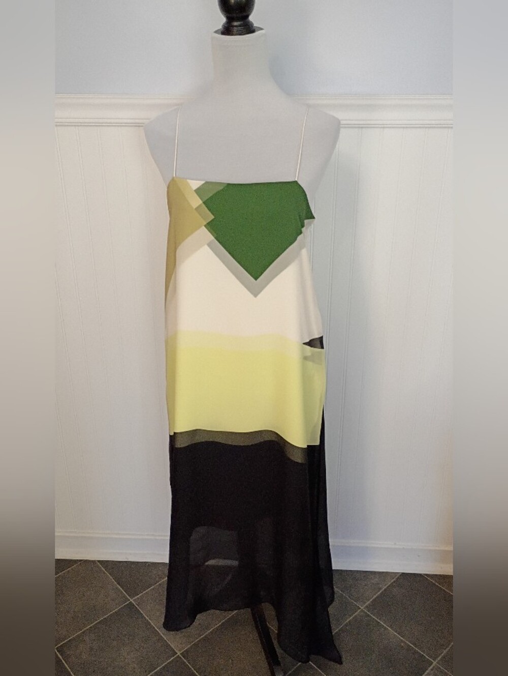 Tibi Pieza Draped Silk Slip Dress Colorblock Green Yellow Black Size 10 - Picture 5 of 15